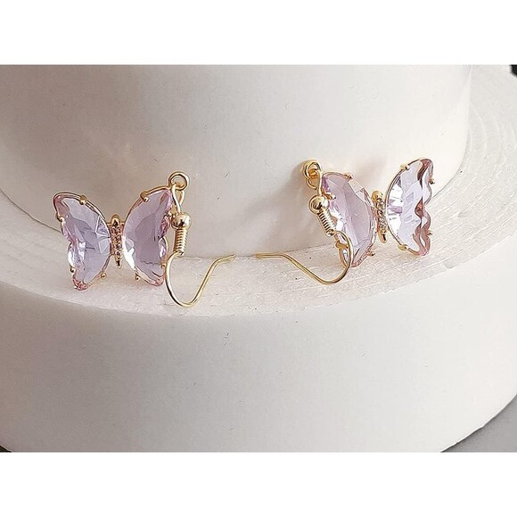 CZ Butterfly Glass Drop Dangle Earrings Silver Post Cubic Zirconia Gold Plated - Picture 2 of 4